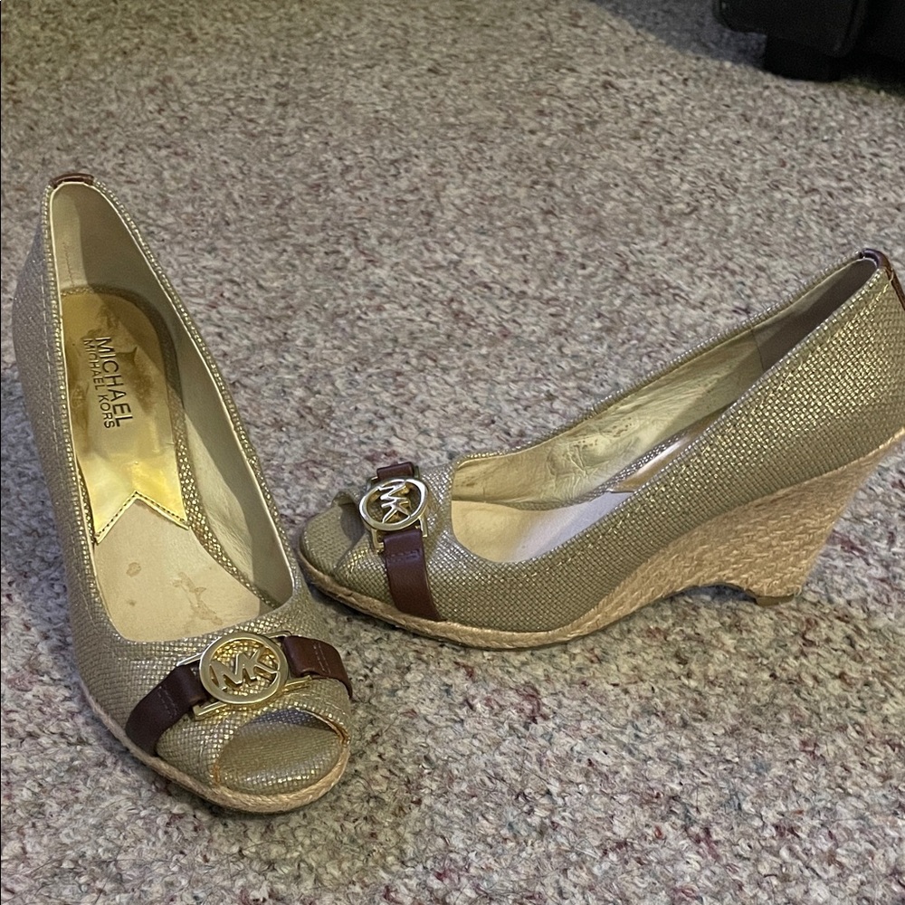 Michael Kors Gold and Brown Wedge Peep Toe Shoes